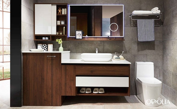 Custom Wall-mounted Bathroom Cabinets White and Brown OBV21-003