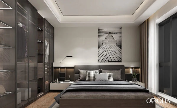 Gray Wood Fitted Wardrobe with Glass Doors OBW21-008