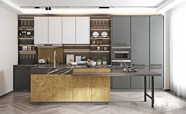 Industrial Kitchen Cabinets with Golden Island OBK21-009