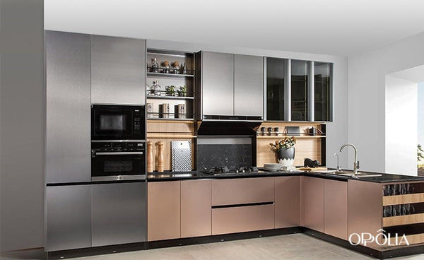 Handleless Kitchen Cabinets in Metal Laminate Finish OBK21-017