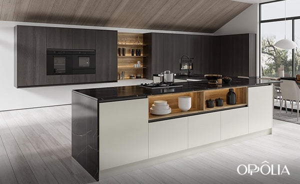 Kitchen Cabinets with Waterfall Edge Island Countertop OBK22-Vita