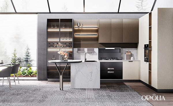 Beige Kitchen in L Shape with a Peninsula BLCC23075