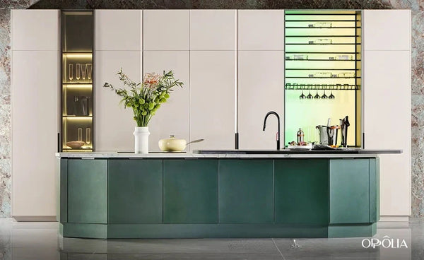 Stindee Series Contemporary White Kitchen Design with Green Island BLCC23070