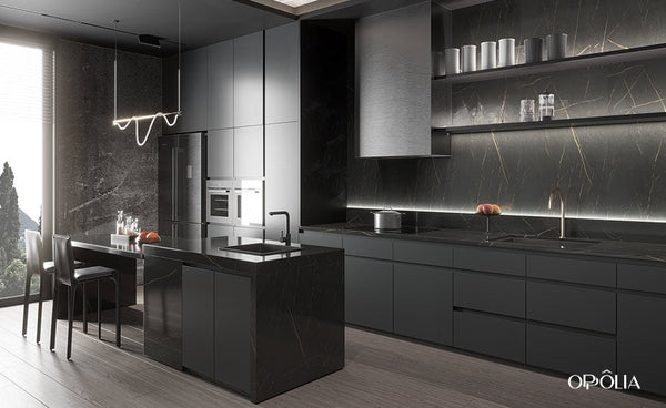 Dark Grey Cabinets with Black Worktop OBK22-M03
