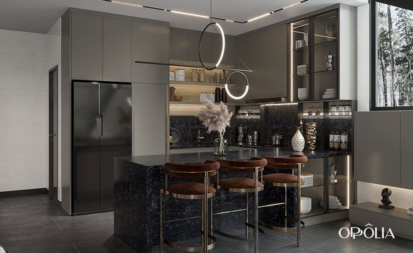 Dovetail Gray Cabinets Peninsula Kitchen OBK22-L24