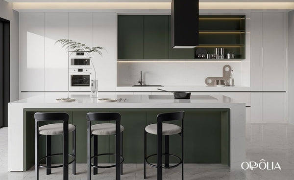 Green and White Flat Front Kitchen Cabinets OBK22-L28