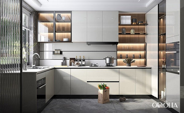 High Gloss White and Wood Frameless Kitchen Cabinets BLCC22308