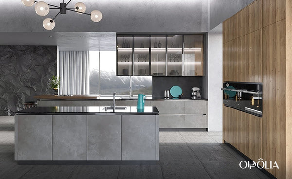 Industrial Kitchen Design with Grey Stone Effect Doors OBK23-L06