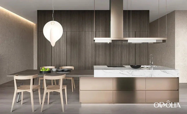 Grey Stained Kitchen Cabinets with Copper Island OBK23-PVC01