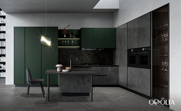Modern F-shaped Kitchen Cabinets in Grey and Green BLCC22305