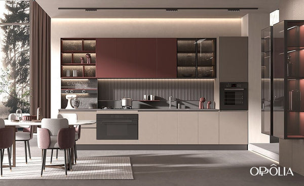 Modern Greige and Dark Red Kitchen Cabinets BLCC23001