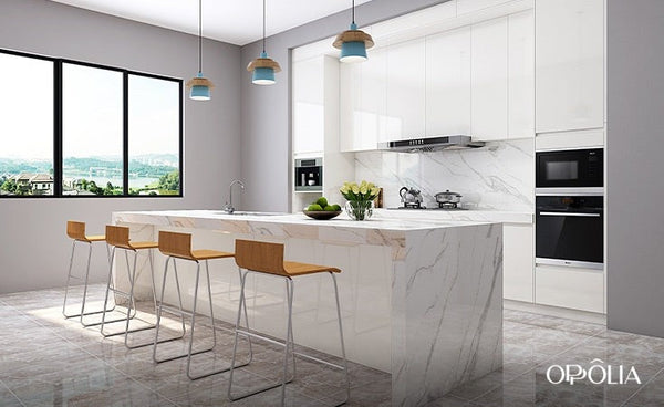 Modern Waterfall Island Kitchen with Quartz Countertop OBK22-L02