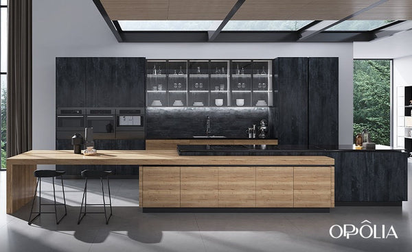 Single Wall Kitchen Design with Long Wood Island OBK23-L07