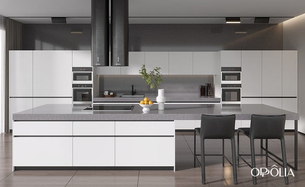 White Cabinets Grey Countertops Large Kitchen OBK22-L27