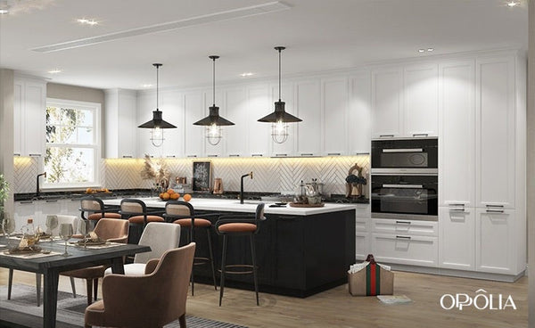 White Shaker Kitchen Cabinets with Black Island OBK22-L04